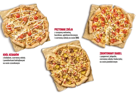 Trzy pyszne pizze, idealne na festiwal pizzy: Król Kebabów, Przysmak Zbója i Zbuntowany Diabeł.