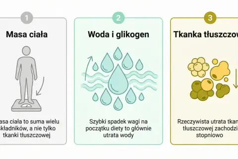 Trzy etapy utraty wagi: masa ciała, woda i glikogen, tkanka tłuszczowa. Realna utrata tkanki tłuszczowej to proces stopniowy, a nie szybki spadek wagi.