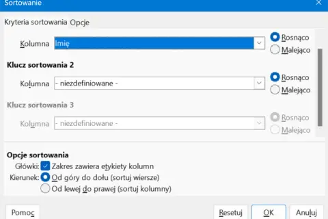 Okno sortowania. Pierwszy klucz sortowania to kolumna "Imię" rosnąco. Kolejne klucze są niezdefiniowane.