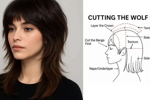 En kvinna med mörkt, uppklippt hår som visar en wolf cut. Bredvid finns en illustration som visar hur man klipper en wolf cut.