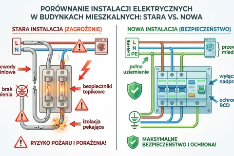 Porównanie instalacji elektrycznych: stara z aluminiowymi przewodami i brak uziemienia, nowa z miedzianymi przewodami i pełnym uziemieniem. Stare oznaczenia kabli elektrycznych są niebezpieczne.