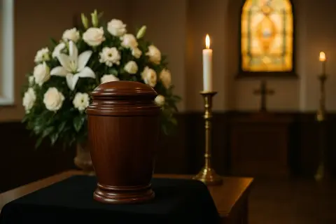 Drewniana urna pogrzebowa, bukiet białych kwiatów i płonąca świeca. Czy kremacja to grzech? Pytanie to nurtuje wielu.