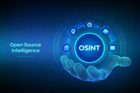 Otwarta inteligencja źródłowa (OSINT) chroni przed oszustami internetowymi. Dłoń z odciskiem palca symbolizuje dane.