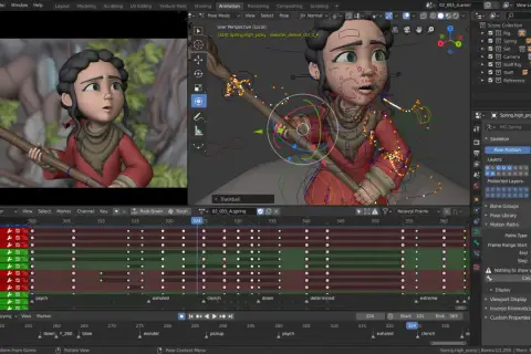 Ein Charakter wird in einer 3D-Animationssoftware mit detaillierten Rigging-Kontrollen animiert.