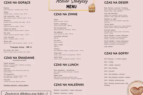 Menu kawiarni "Atelier Słodyczy" z napojami, deserami, śniadaniami i naleśnikami.