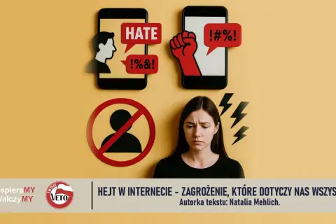 Smutna dziewczyna obok symboli hejtu w internecie. Telefony z napisami "HATE" i przekleństwami, zakaz wchodzenia dla użytkownika.