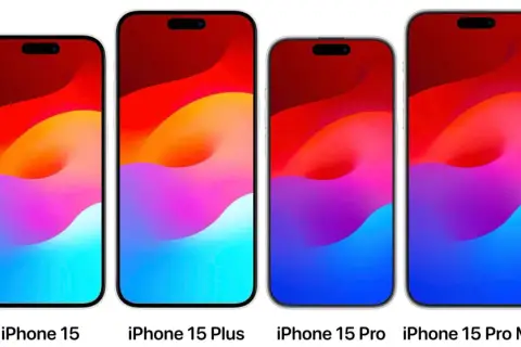 Cztery modele iPhone 15: 15, 15 Plus, 15 Pro, 15 Pro Max. Większe modele mogą mieć lepszą pojemność baterii.