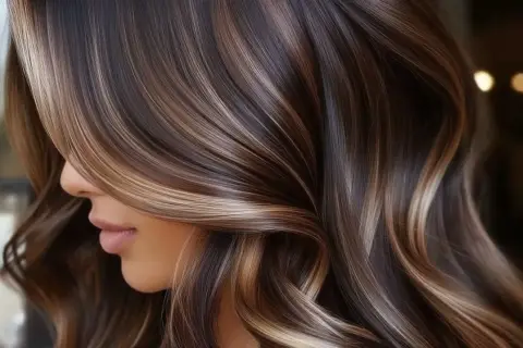 Cabello castaño con mechas melting que brillan como caramelo líquido.