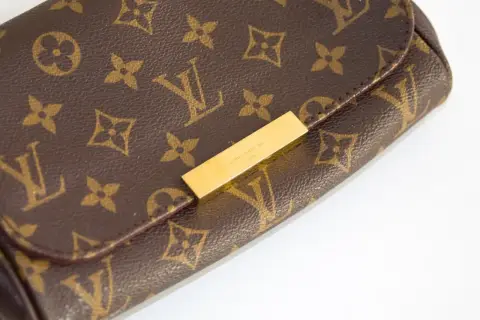 Złota blaszka z napisem "LOUIS VUITTON PARIS" na brązowej torebce z monogramem. Chcesz sprawdzić numer seryjny?