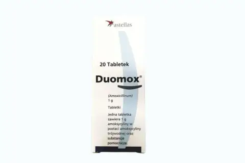 Opakowanie leku Duomox, zawierające 20 tabletek po 1g amoksycyliny.