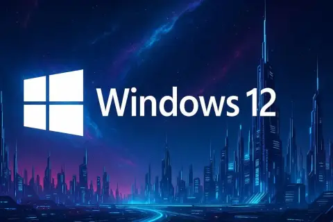 Futurystyczne miasto nocą, oświetlone neonami, z logo Windows 12 na tle kosmicznego nieba.