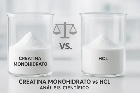 Dos vasos de precipitados con montículos de polvo blanco. Uno dice "CREATINA MONOHIDRATO", el otro "HCL". Una balanza y "VS." en el centro. Comparativa de tipos de creatina.