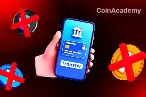 Main d'une personne tenant un smartphone affichant un virement bancaire bloqué. Des symboles de croix rouges sur des pièces suggèrent un problème avec les transactions N26.