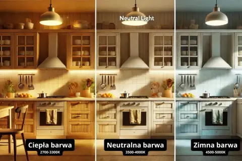 Porównanie kuchni w trzech barwach światła: ciepła, neutralna i zimna. Jaka barwa światła do kuchni stworzy najlepszą atmosferę?