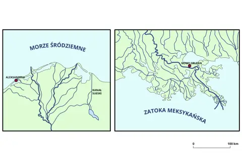 Dwa mapy: jeden przedstawia deltę Nilu z Aleksandrią i Kanałem Sueskim, drugi deltę Missisipi z Nowym Orleanem.