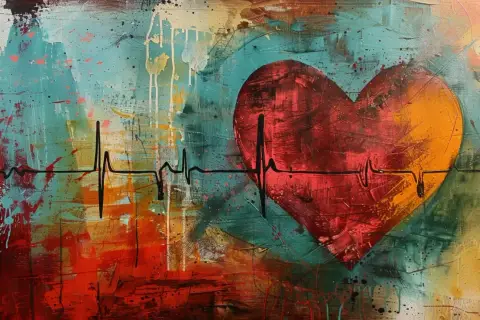 Abstrakcyjne serce z linią EKG, symbolizujące arytmię serca. Tło pełne kolorowych plam i smug.