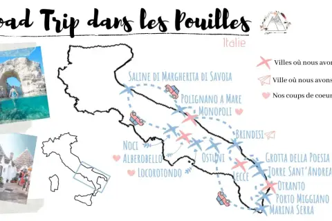 Carte d'un road trip dans les Pouilles, Italie, avec des photos de grottes marines et de trulli. Itinéraire jalonné de villes, de lieux de séjour et de coups de cœur.