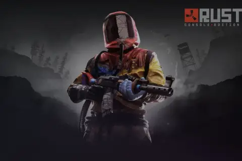 Postać w kombinezonie z bronią, gotowa do walki w świecie Rust. Ciesz się możliwością **Rust crossplay** na konsolach!