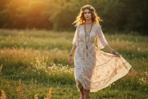 Kobieta w kwiecistej sukience i wianku na głowie, idealna stylizacja boho na wesele, spaceruje po łące w złotym świetle zachodzącego słońca.