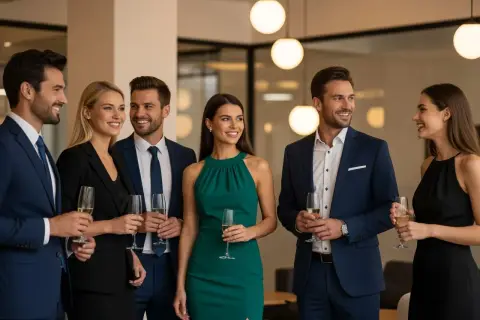 Elegancko ubrani ludzie na firmowym evencie. Inspiracja, jak się ubrać na imprezę firmową, by wyglądać stylowo i profesjonalnie.