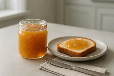 En burk med rabarbermarmelad med citron står bredvid en rostad brödskiva med marmelad på. En kniv och en servett ligger på bordet.