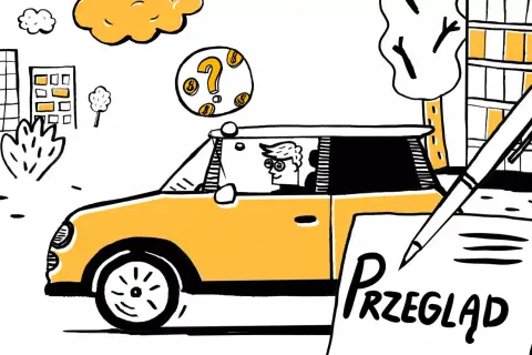Mężczyzna w okularach jedzie żółtym samochodem. Obok niego dokument z napisem "Przegląd" i symbolem dolara.