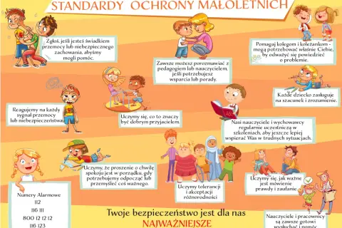 Ilustracja o standardach ochrony małoletnich. Pokazuje dzieci pomagające sobie, rozmawiające z nauczycielami i uczące się o tolerancji. Unika się niepedagogiczne zachowanie nauczyciela.