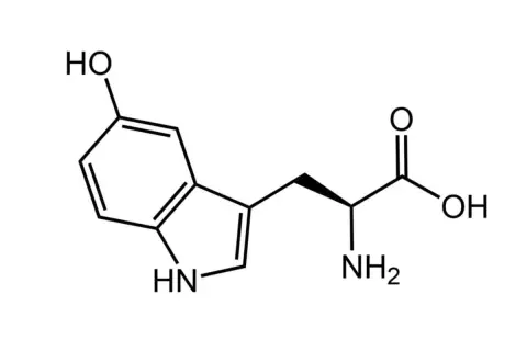 Chemische Strukturformel von 5-HTP, einem Vorläufer von Serotonin.