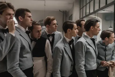 Grupa młodych mężczyzn w jasnych garniturach i muszkach, jakby przygotowujących się do premiery filmu. Filip film recenzja.