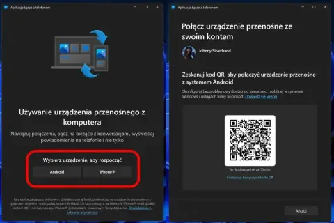 Aplikacja "Łącze z telefonem" pozwala na połączenie telefonu z komputerem. Wybierz Android lub iPhone, aby rozpocząć.