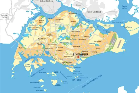 Mapa pokazuje gdzie leży Singapur, otoczony przez Malezję i Indonezję, z licznymi wyspami i cieśninami.