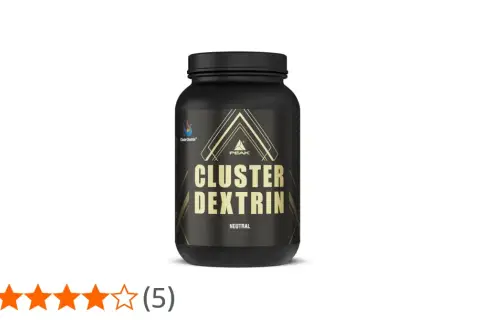 Schwarzer Behälter mit "Cluster Dextrin" Aufschrift. Die Bewertung von 4,2 Sternen deutet auf mögliche Nachteile hin, die Nutzer diskutieren.