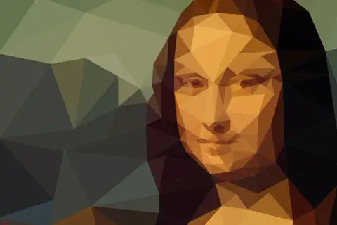 Geometrische Interpretation der Mona Lisa von Da Vinci, mit polygonalen Formen und erdigen Tönen.