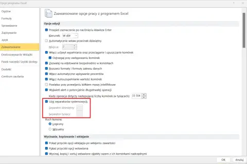 Ustawienia Excela: jak zamienić kropkę na przecinek. Zaznacz "Użyj separatorów systemowych", by zmienić format liczb.