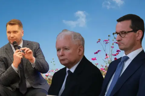 Przemysław Czarnek, Jarosław Kaczyński i Mateusz Morawiecki na tle kwiecistej łąki. Czy to właśnie Czarnek budzi emocje wewnątrz ugrupowania?