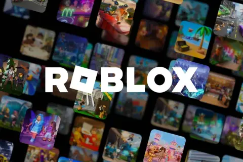 Logo Roblox otoczone miniaturkami z różnorodnymi, fajne gry na roblox.