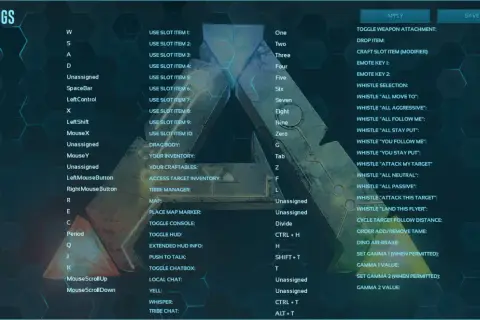 Ekran ustawień klawiszy w Ark Survival Evolved. Pozwala na dostosowanie sterowania, np. do poruszania się, używania przedmiotów czy wydawania komend zwierzętom.