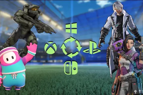 Gry cross play Xbox PC: Master Chief, Fall Guy, Dante i Ash z Apex Legends na tle stadionu.