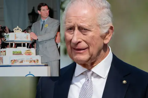 Król Karol, gdy miał 49 lat, kroi tort. Obok jego obecne zdjęcie.