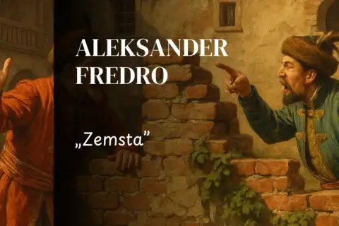 Dwóch mężczyzn w strojach z epoki kłóci się na tle muru. Jeden wskazuje palcem, drugi podnosi rękę. Aleksander Fredro, "Zemsta". Niech się dzieje wola nieba!
