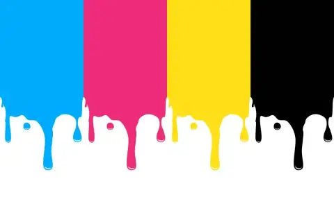 Kolory cmyk: cyjan, magenta, żółty i czarny spływają w dół, tworząc krople.