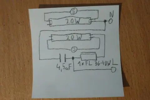 Schemat podłączenia dwóch świetlówek LED 20W z kondensatorem 4,5µF i dławikiem 1xFL 36-40W.