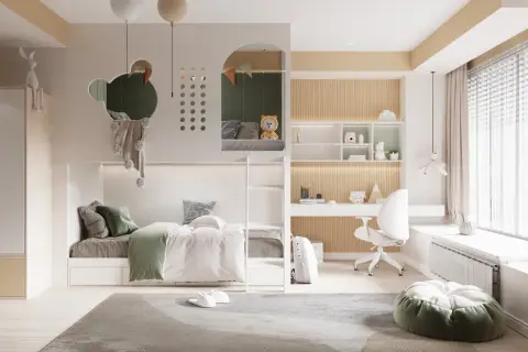 Przytulny pokój boho dla dziewczynki z łóżkiem piętrowym, biurkiem i miękkim pufem.