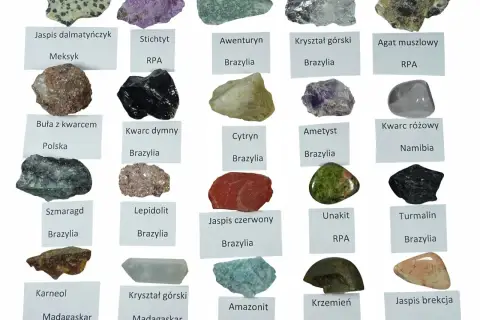 Kolekcja minerałów: jaspis dalmatyńczyk, stichtyt, awenturyn, kryształ górski, agat muszlowy, buła z kwarcem, kwarc dymny, cytryn, ametyst, kwarc różowy, szmaragd, lepidolit, jaspis czerwony, unakit, turmalin, karneol, kryształ górski, krzemień, jaspis...
