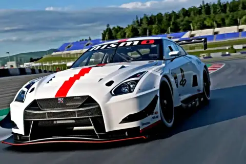 Wyścigowy Nissan GT-R Nismo na torze, porównanie Gran Turismo 7 PS4 vs PS5.