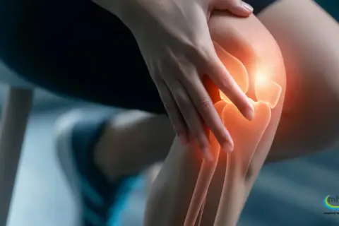 Eine Hand berührt ein Knie, das rot leuchtet, was auf knie schmerzen hindeutet.
