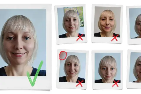 Kolekcja zdjęć: jedno z zielonym zaznaczeniem, pozostałe z czerwonymi krzyżykami. To autoportret fotografia, gdzie kobieta próbuje zrobić idealne zdjęcie.