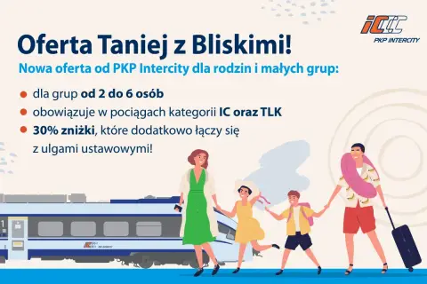Rodzina cieszy się z 30% zniżki PKP Intercity na podróż pociągiem. Oferta dla grup 2-6 osób.