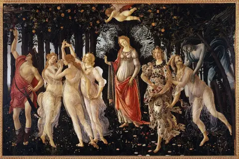 Botticelli's "Primavera" zeigt mythologische Figuren in einem blühenden Garten. Zephyrus jagt Chloris, die sich in Flora verwandelt.