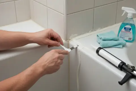 Ręce wygładzają świeży silikon wokół wanny, pokazując, jak silikonować wannę. Obok pistolet z silikonem i płyn do czyszczenia.